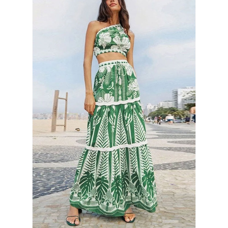 Bohemian Vacation Style One Shoulder Short Top And High Waisted Skirt Set