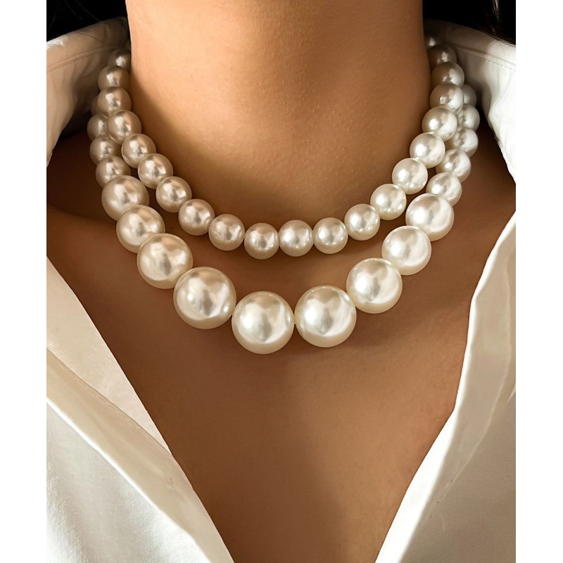 Classy White Stainless Steel Pearl Tassel Gratuated Bead Necklace