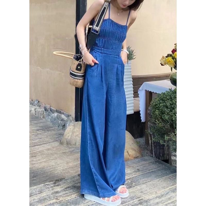 French Blue Backless Pockets Denim Spaghetti Strap Jumpsuit Sleeveless