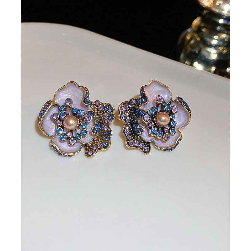 Vintage Purple Alloy Zircon Pearl Drip Glaze Stud Earrings