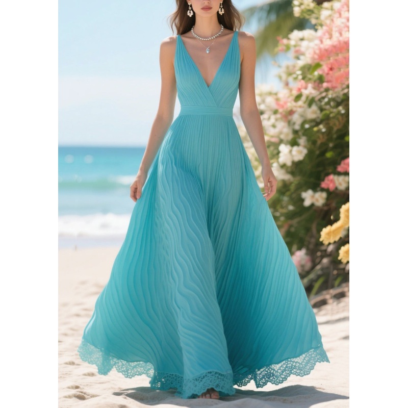 Women Lake Blue Wrinkled Patchwork Lace Party Dress Summer