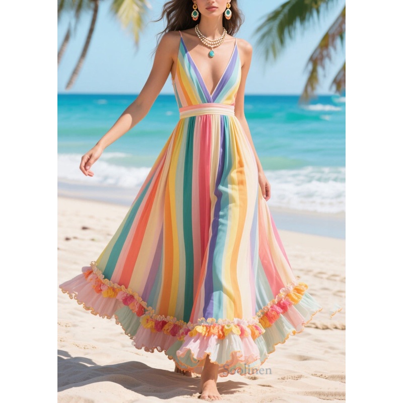 Women Rainbow Patchwork Exra Large Hem Silk Summer Beach Dress