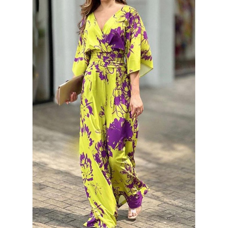 Women Yellow V Neck Print Cotton Jumpsuit Summer