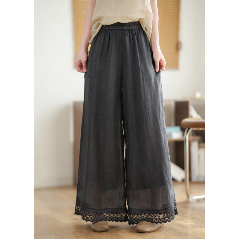 2025 New Black Lace Patchwork Elastic Waist Linen Wide Leg Pants Summer