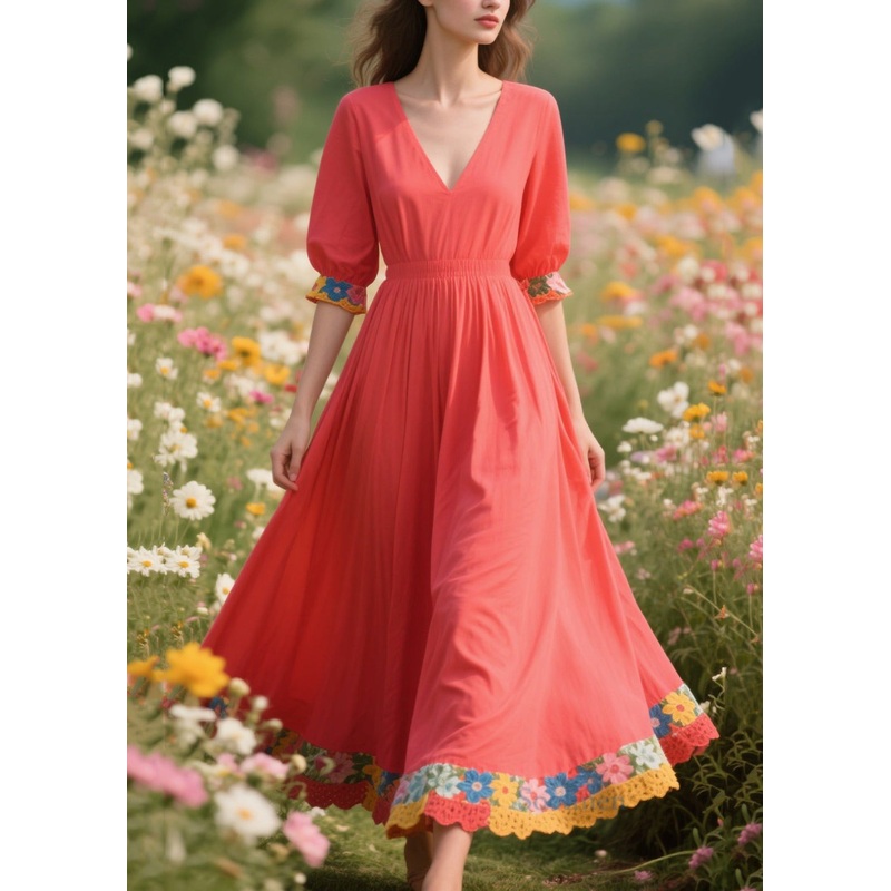 Art Brick Red Patchwork Exra Large Hem Cotton Holiday Dress Summer