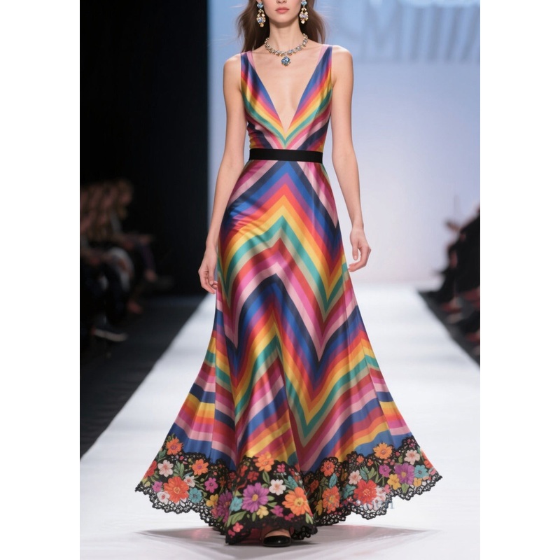 Art Multicolour Striped Patchwork Flower Lace Silk Dress Summer