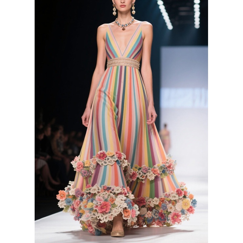 Art Rainbow Striped Flower Decorated Chiffon Evening Dress Summer
