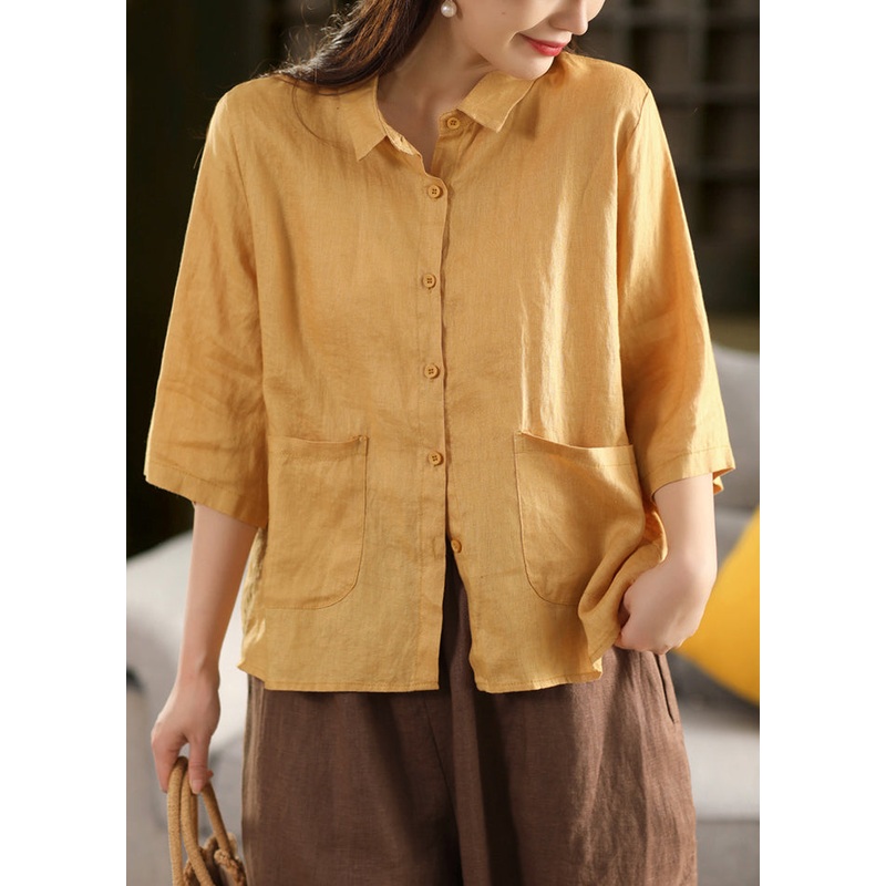 Art Yellow Peter Pan Collar Pockets Linen Blouse Bracelet Sleeve