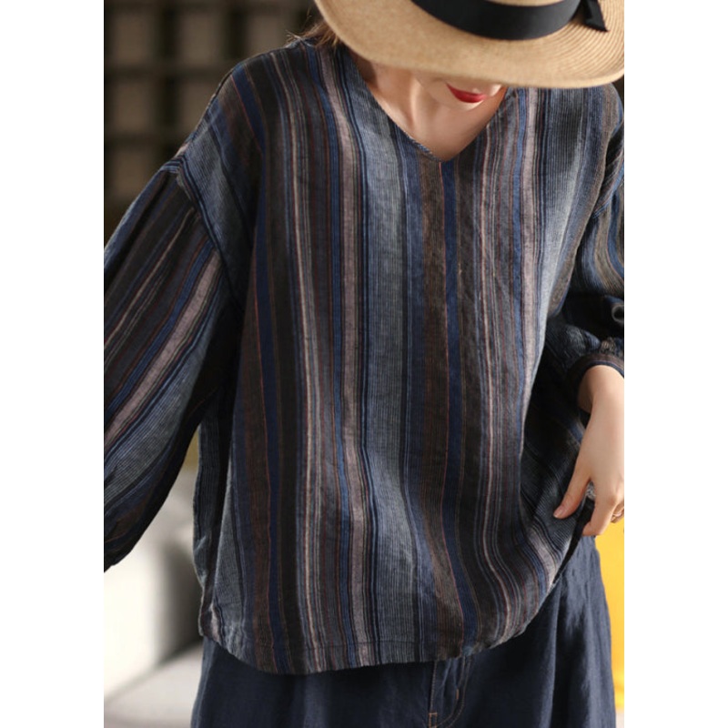 Boho V Neck Striped Loose Linen Shirts Summer