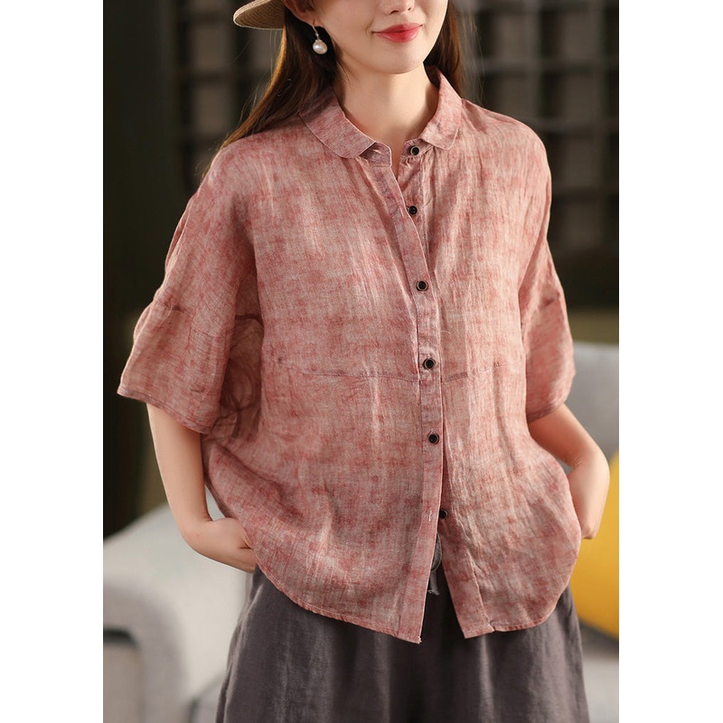 Casual Red Peter Pan Collar Patchwork Linen Blouses Summer