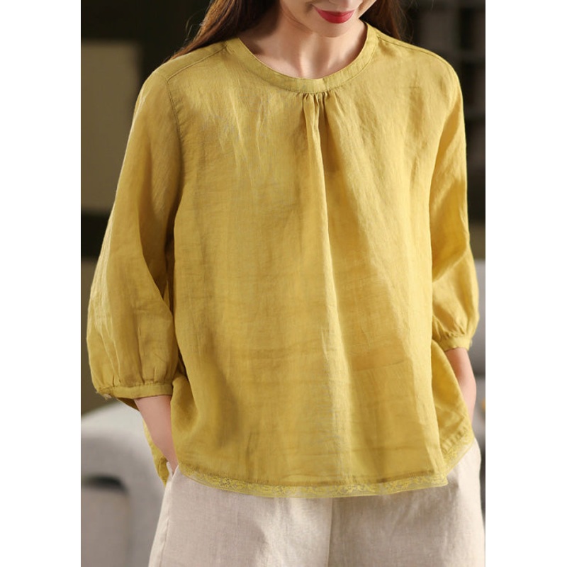 Casual Yellow O Neck Patchwork Linen Blouse Top Summer