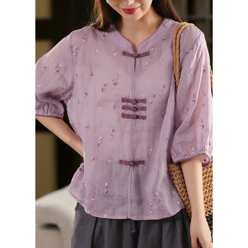 Chinese Style Purple Embroidered Oriental Button Linen Top Summer
