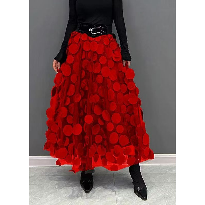 Elegant Red Dot Patchwork Tulle Skirt Fall