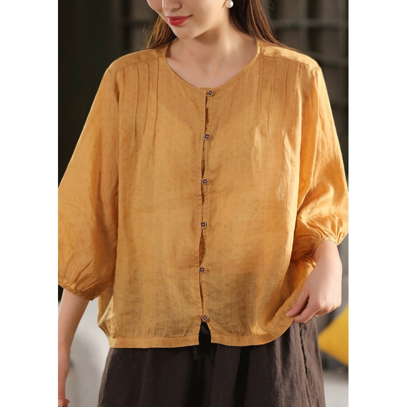Fashion Yellow O Neck Button Linen Top Summer