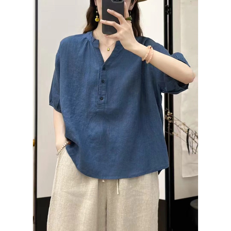 Fine Blue V Neck Button Solid Linen Top Summer