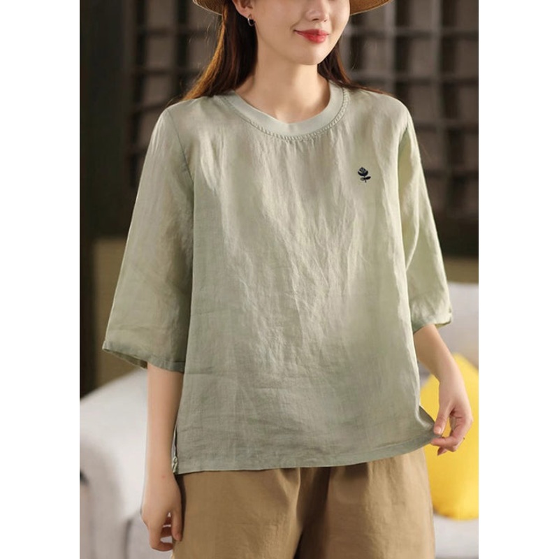 Green Print Cozy Linen Half Sleeve T Shirt O Neck