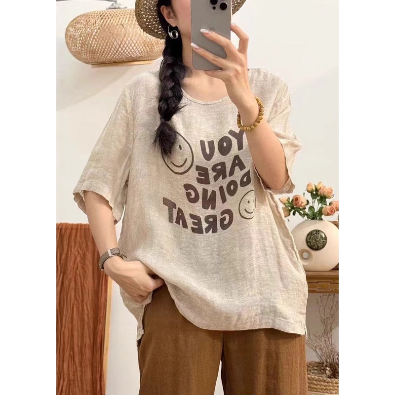 Linen Print Side Open Linen Summer Shirt O Neck