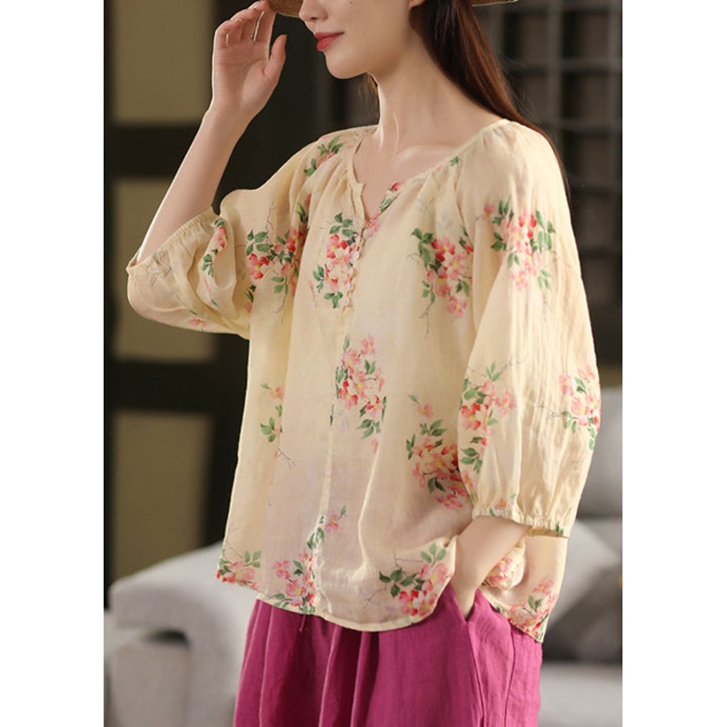 Loose Apricot Print Button Thin Linen Blouses Summer