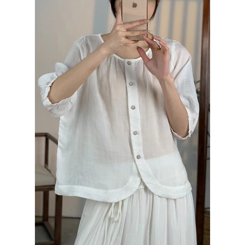 Loose White O Neck Button Linen Shirts Summer