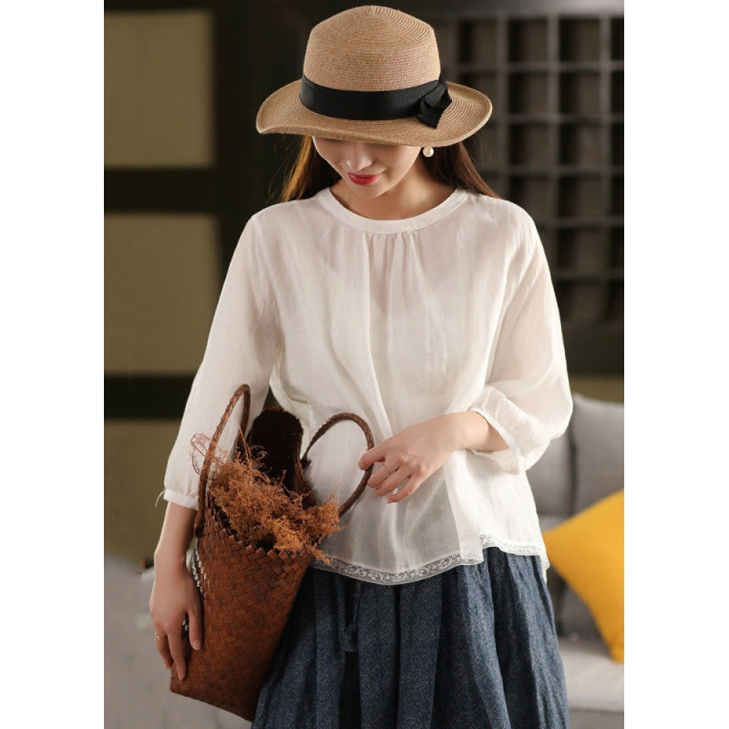Loose White O Neck Lace Patchwork Linen Shirt Tops Summer