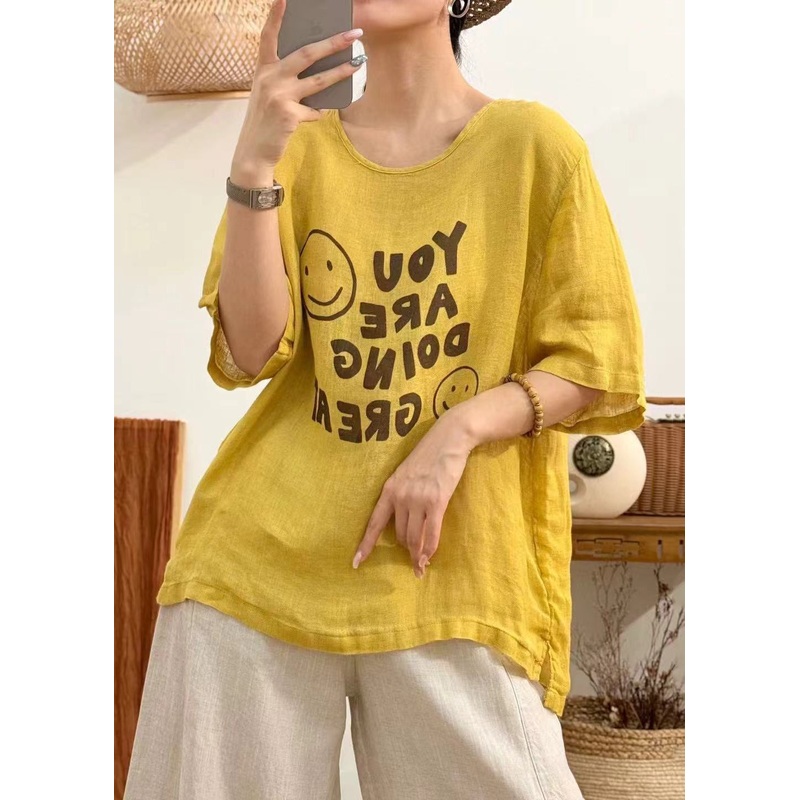 Loose Yellow O Neck Print Linen Blouses Half Sleeve