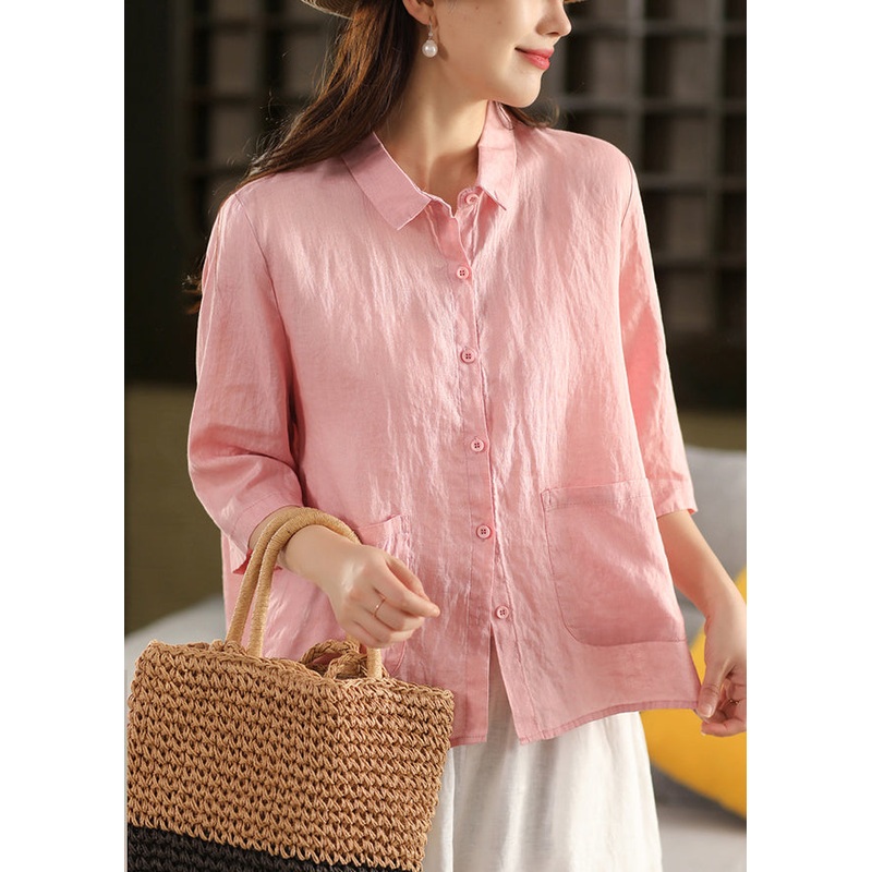 Pink Button Pockets Linen Bracelet Sleeve Blouses Peter Pan Collar