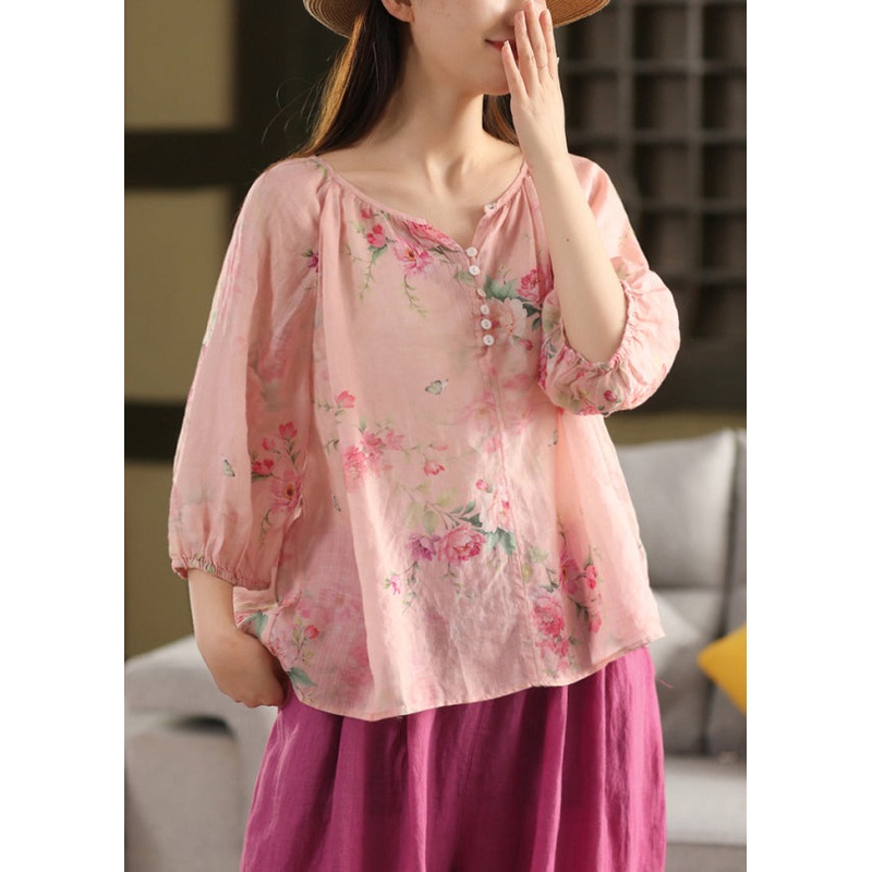 Pink Button Print Linen Blouse Top V Neck Summer