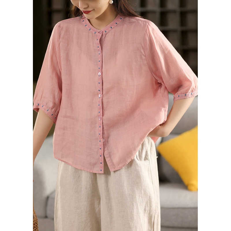 Pink Button Solid Linen Blouse Embroidered Summer
