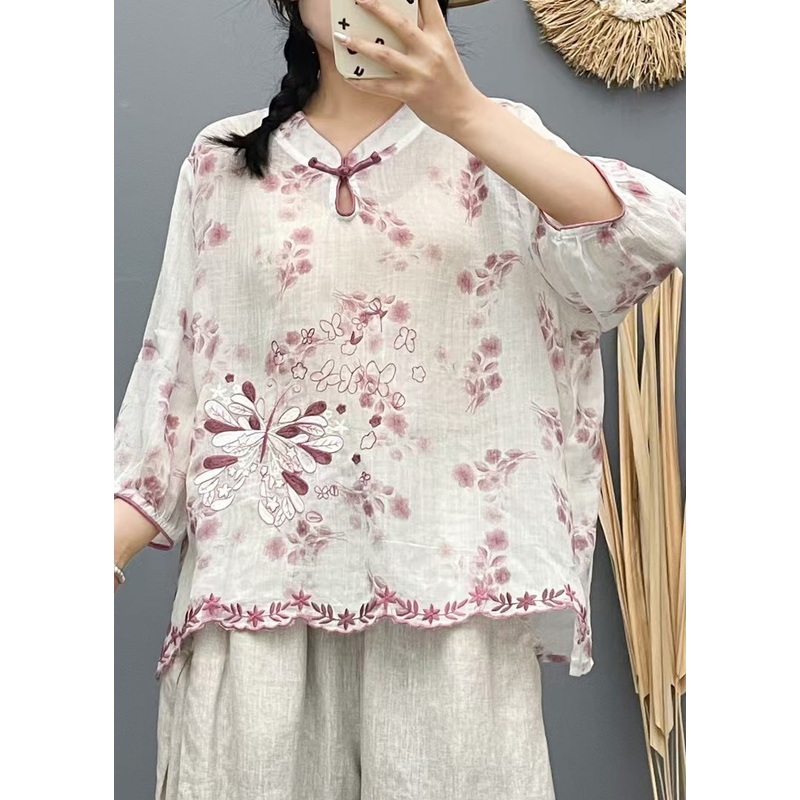 Plus Size Beige Stand Collar Embroidered Linen Shirt Top Summer