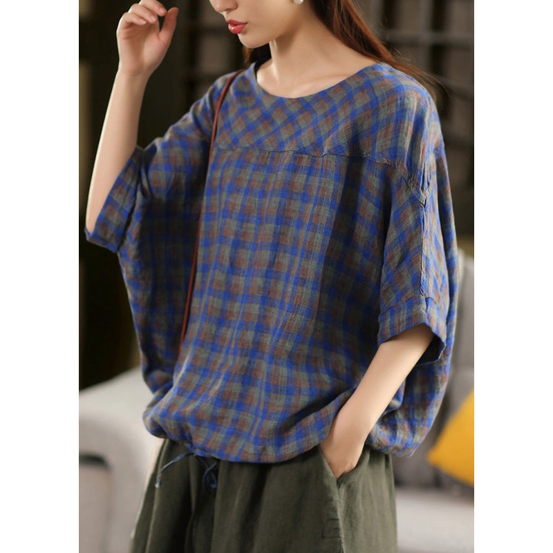 Plus Size Blue O Neck Plaid Patchwork Linen Top Summer