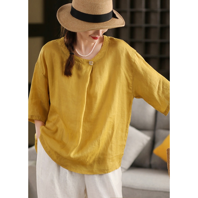 Plus Size Yellow O Neck Linen Blouse Top Summer