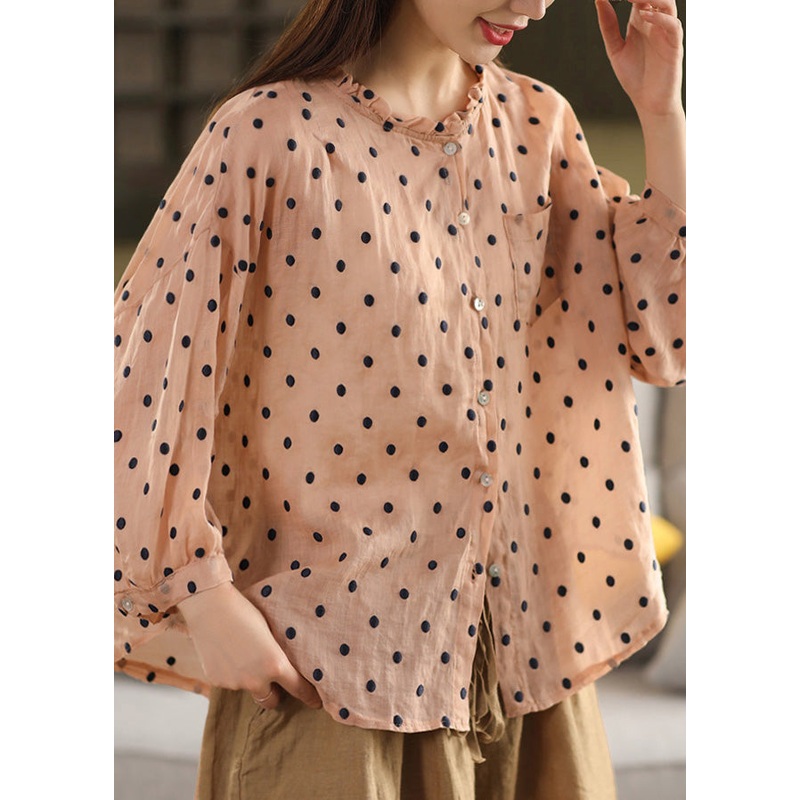 Retro Orange Ruffled Dot Embroidered Linen Top Summer