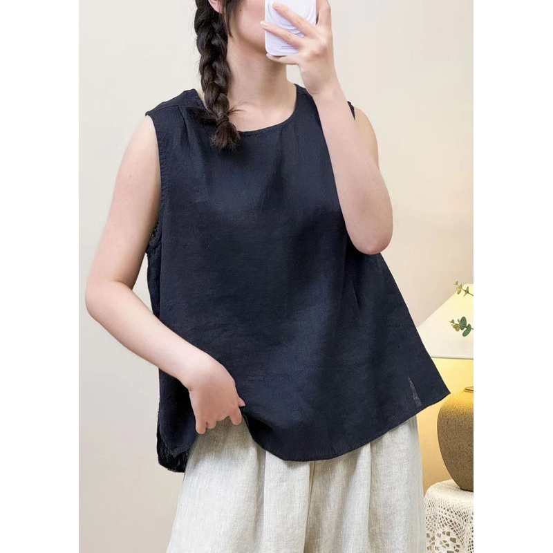 Simple Navy O Neck Button Solid Linen Shirt Sleeveless