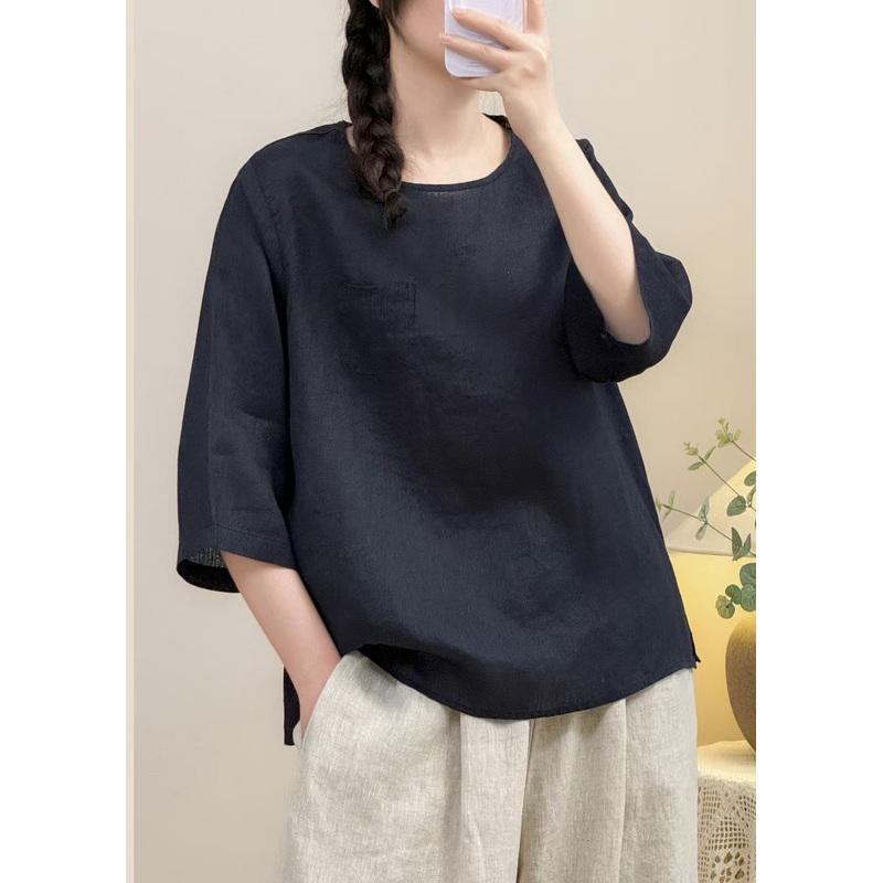 Simple Navy O Neck Solid Linen Shirt Bracelet Sleeve