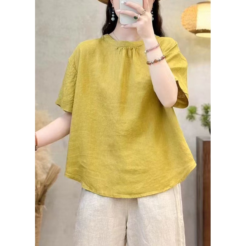 Simple Yellow O Neck Solid Cotton Shirt Summer