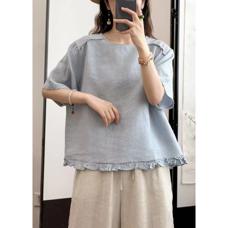 Sky Blue Wear On Both Sides Solid Linen Summer Blouse Ruffled