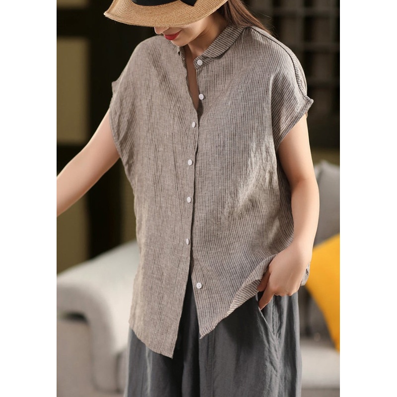 Striped Coffee Peter Pan Collar Button Linen Blouse Summer