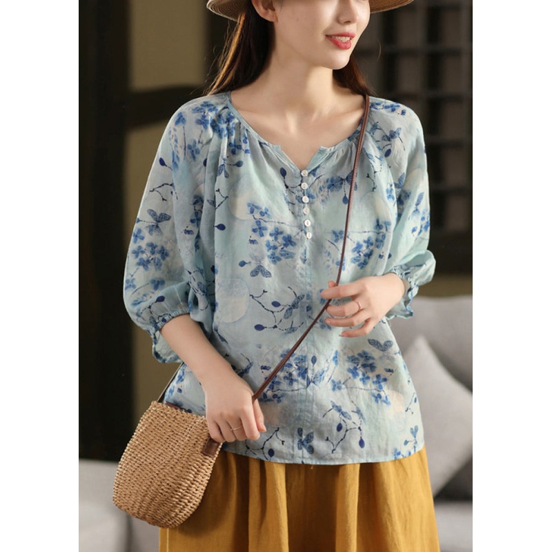 Stylish Blue V Neck Print Linen Shirts Bracelet Sleeve