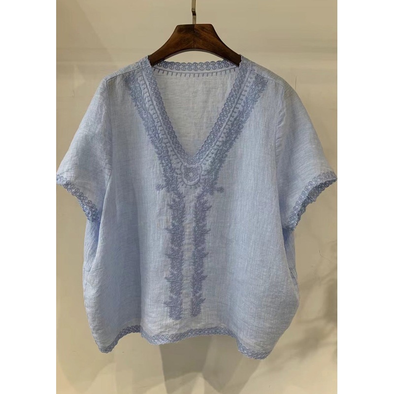 Unique Light Blue V Neck Embroidered Linen Shirt Tops Summer