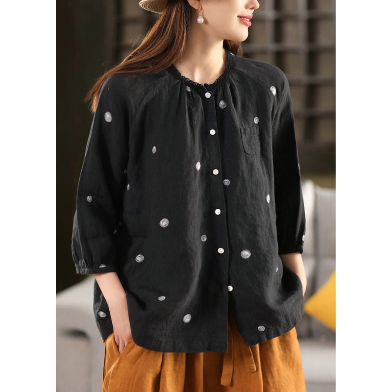 Vintage Black Embroidered Button Linen Blouse Top Summer