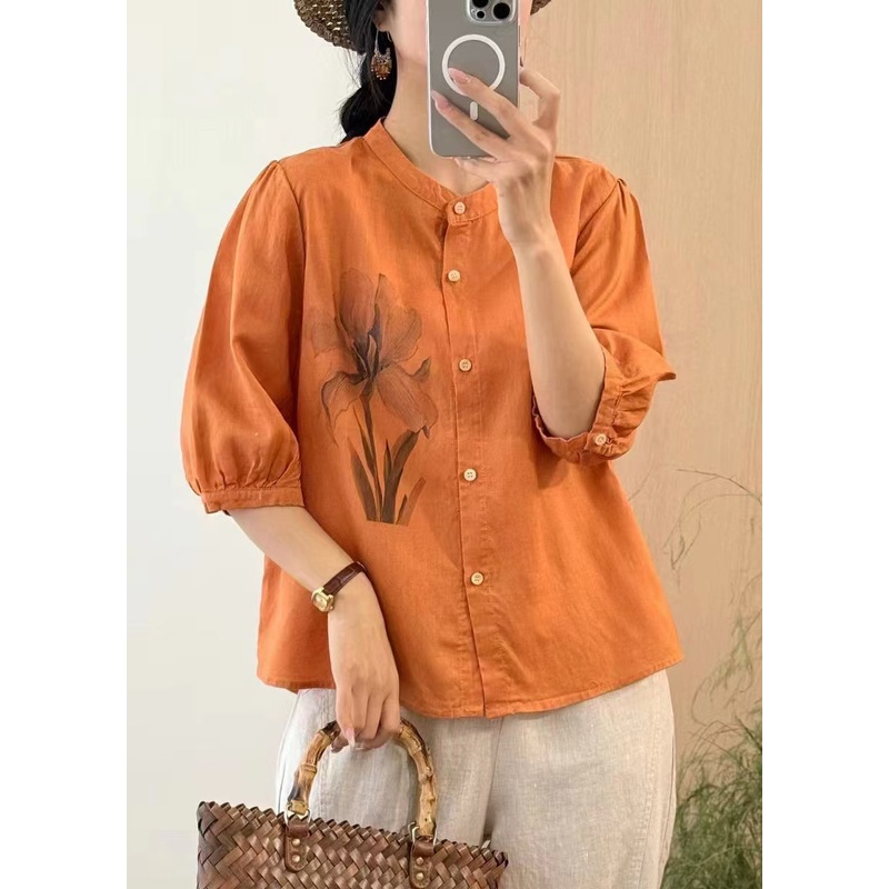 Vintage Orange Button Print Linen Blouses Half Sleeve