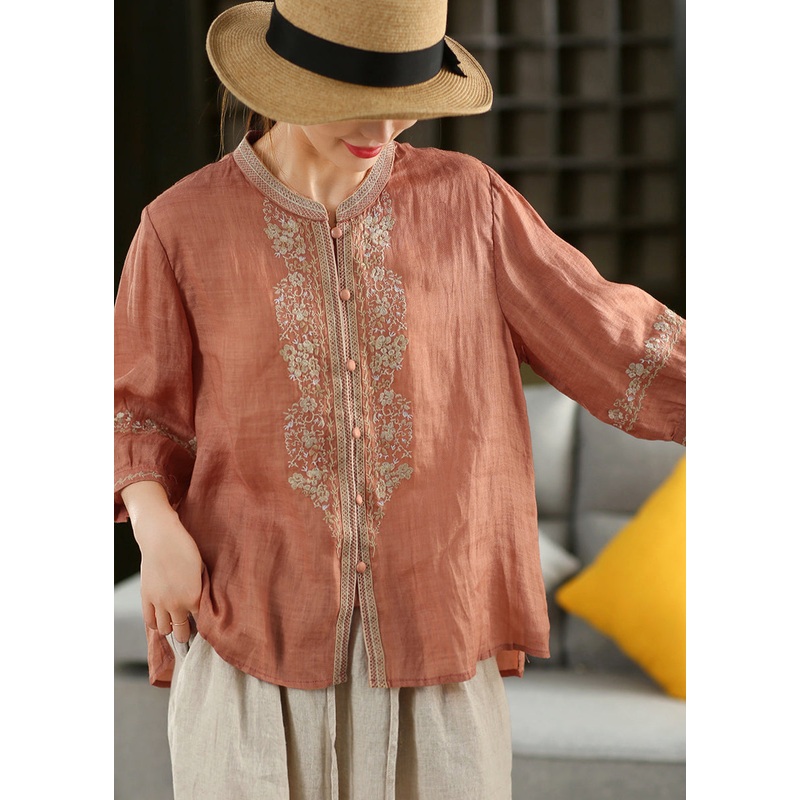 Vintage Orange O-Neck Embroidered Linen Shirt Summer