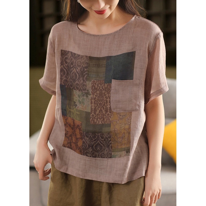 Vintage Skin Pink O Neck Print Pockets Linen T Shirts Summe