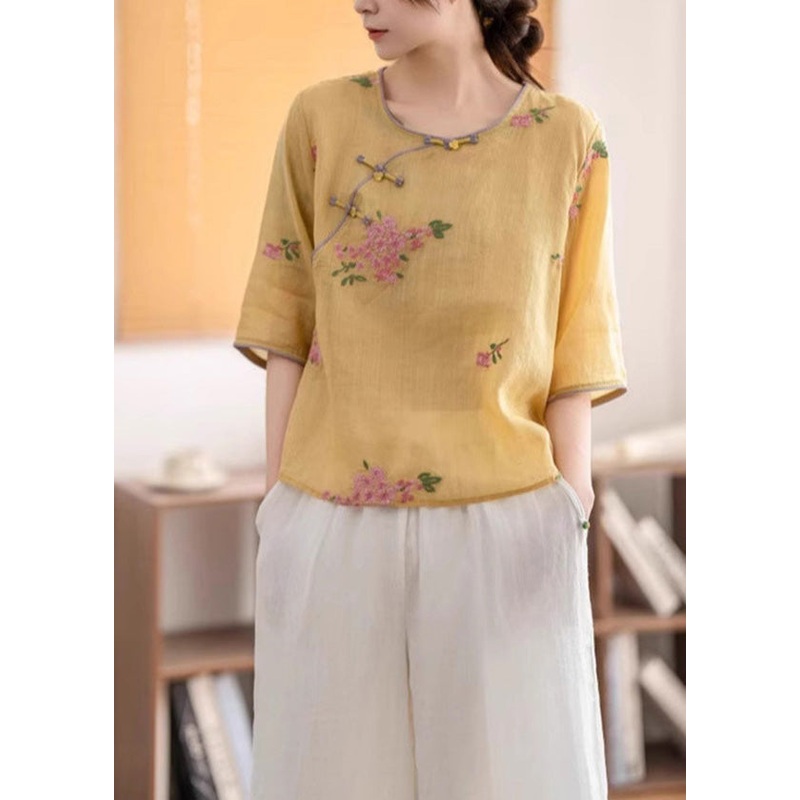 Vintage Yellow O Neck Oriental Button Linen Shirt Summer