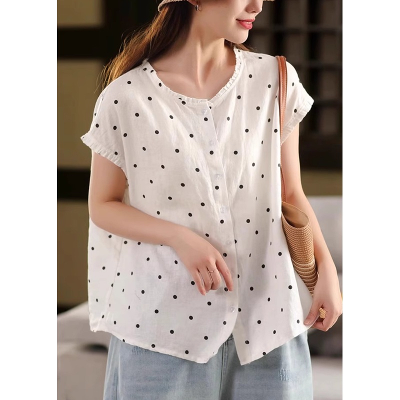 White Button Print Linen Summer Shirt Ruffled