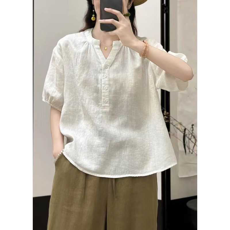 White Button Solid Linen Summer Shirts V Neck