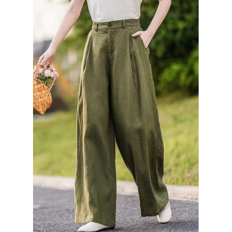Women Green Pockets Linen Straight Pants Summer