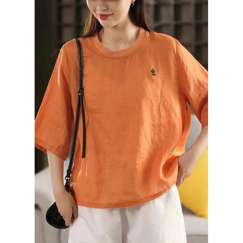 Women Orange O Neck Solid Linen T Shirts Half Sleeve