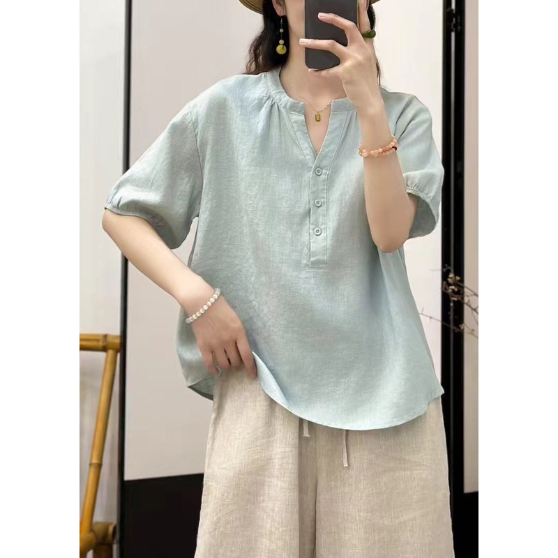 Women Sky Blue Button Solid  Loose Linen Shirt