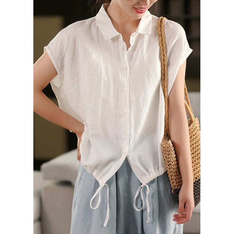 Women White Peter Pan Collar Lace Up Linen Blouse Summer